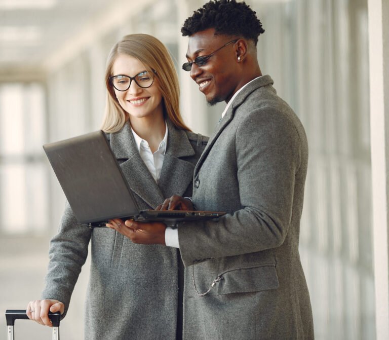 Handsome man in a black suit. Businessman working in a office. Woman with her partner.